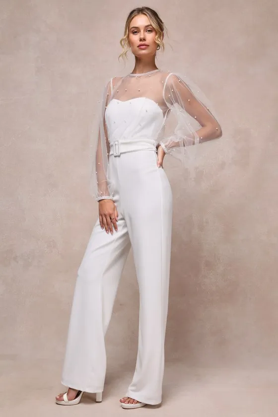 Lavish Darling White Mesh Pearl Belted Wide-Leg Jumpsuit sold by Lulus product image thumbnail 3