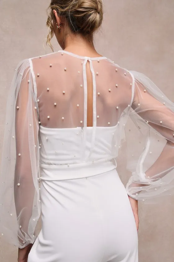 Lavish Darling White Mesh Pearl Belted Wide-Leg Jumpsuit sold by Lulus product image thumbnail 4