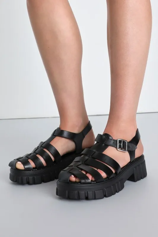 Beena Black Strappy Platform Buckle Sandals sold by Lulus