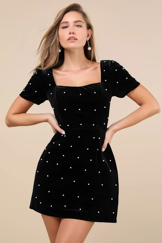Luxe Possibilities Black Velvet Pearl Mini Dress sold by Lulus