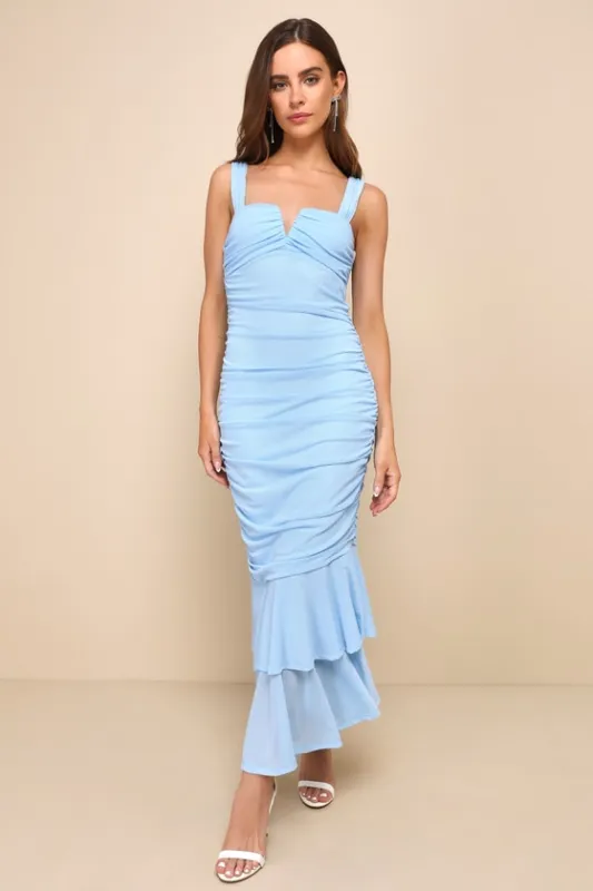 Remarkably Gorgeous Powder Blue Mesh Ruched Trumpet Midi Dress sold by Lulus