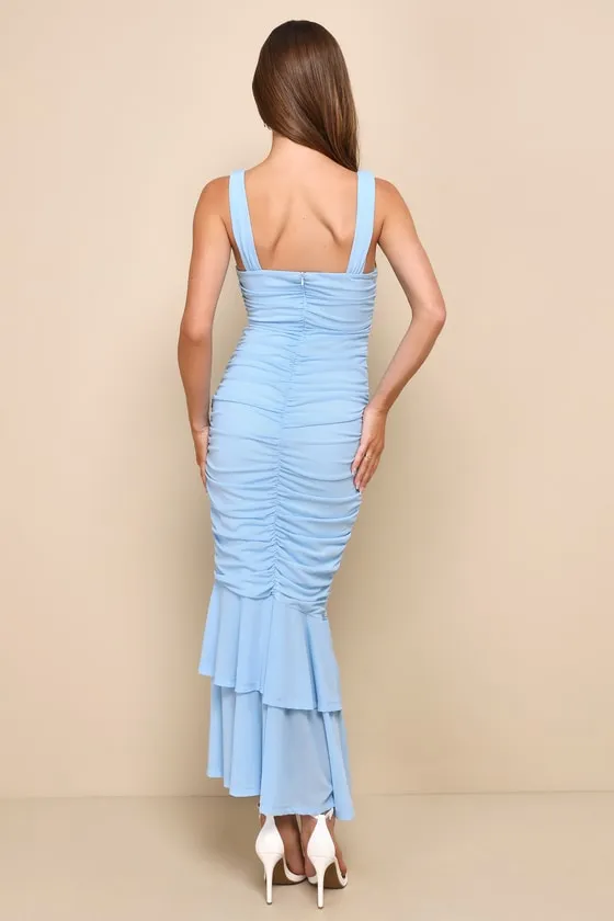 Remarkably Gorgeous Powder Blue Mesh Ruched Trumpet Midi Dress sold by Lulus product image thumbnail 3