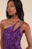 Alluring Shine Purple Sequin One-Shoulder Mini Dress sold by Lulus