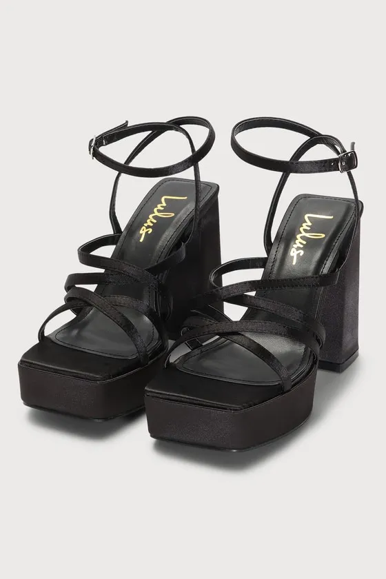 Kelsiey Black Satin Platform Ankle Strap Heels sold by Lulus