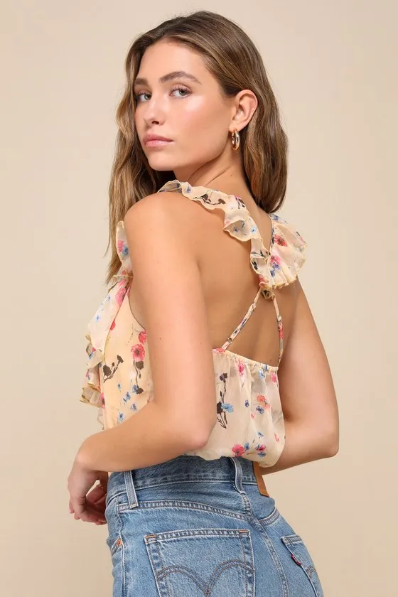 Perfect Chance Yellow Floral Print Chiffon Ruffled Bodysuit sold by Lulus product image thumbnail 3