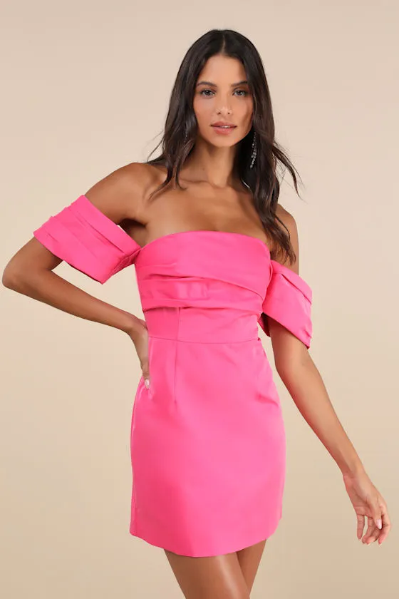 Totally Haute Hot Pink Satin Pleated Off-the-Shoulder Mini Dress sold by Lulus