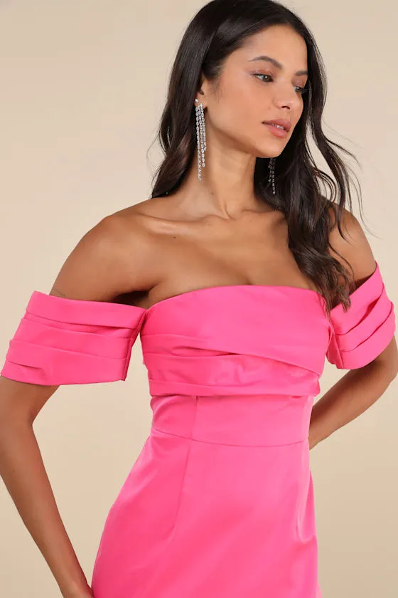 Totally Haute Hot Pink Satin Pleated Off-the-Shoulder Mini Dress sold by Lulus product image thumbnail 3
