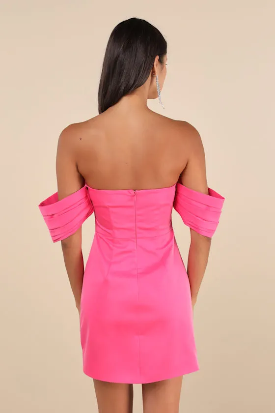Totally Haute Hot Pink Satin Pleated Off-the-Shoulder Mini Dress sold by Lulus product image thumbnail 4