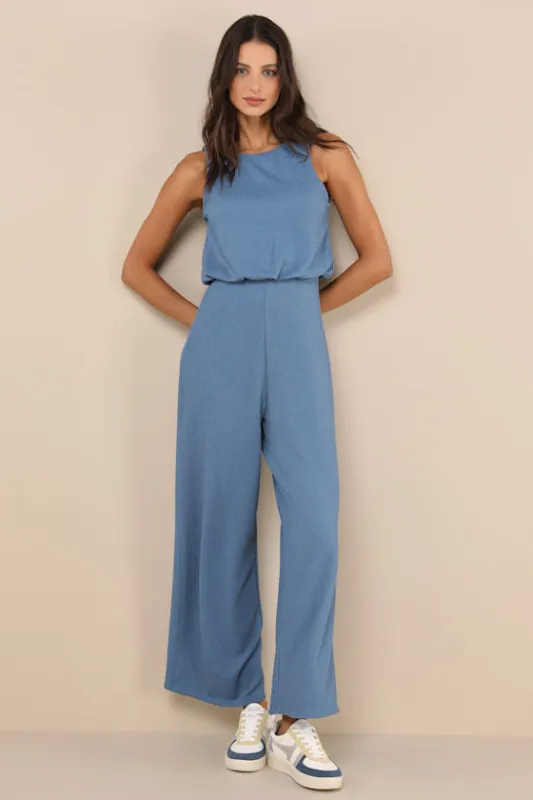 Positively Delightful Blue Textured Cutout Wide-Leg Jumpsuit sold by Lulus