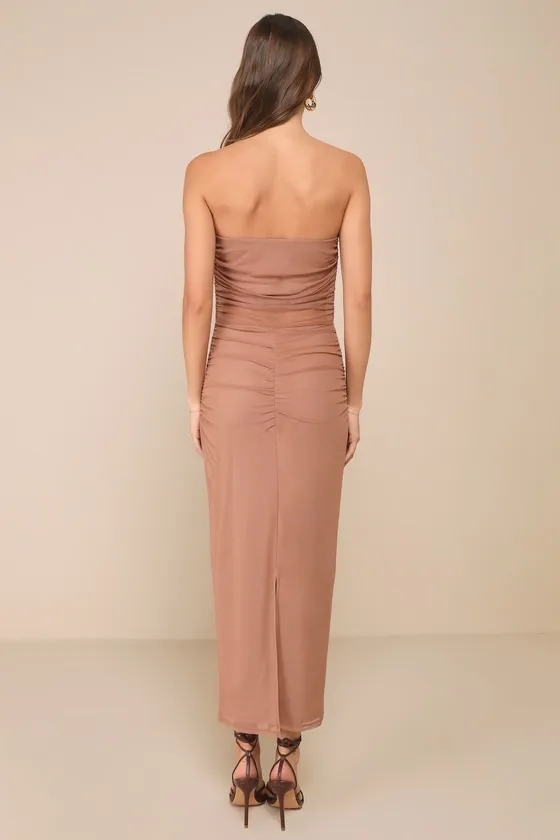 Utterly Attractive Light Brown Mesh Ruched Strapless Midi Dress sold by Lulus product image thumbnail 3
