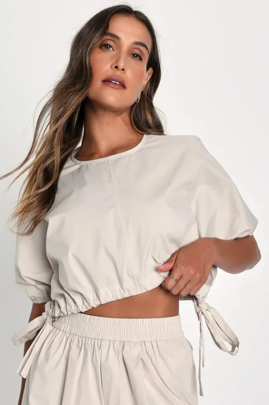 Coolest Cutie Beige Short Sleeves Drawstring Crop Top sold by Lulus
