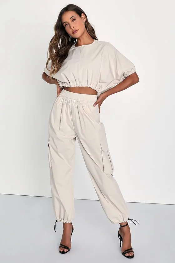 Coolest Cutie Beige Short Sleeves Drawstring Crop Top sold by Lulus product image thumbnail 2