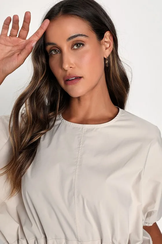 Coolest Cutie Beige Short Sleeves Drawstring Crop Top sold by Lulus product image thumbnail 3