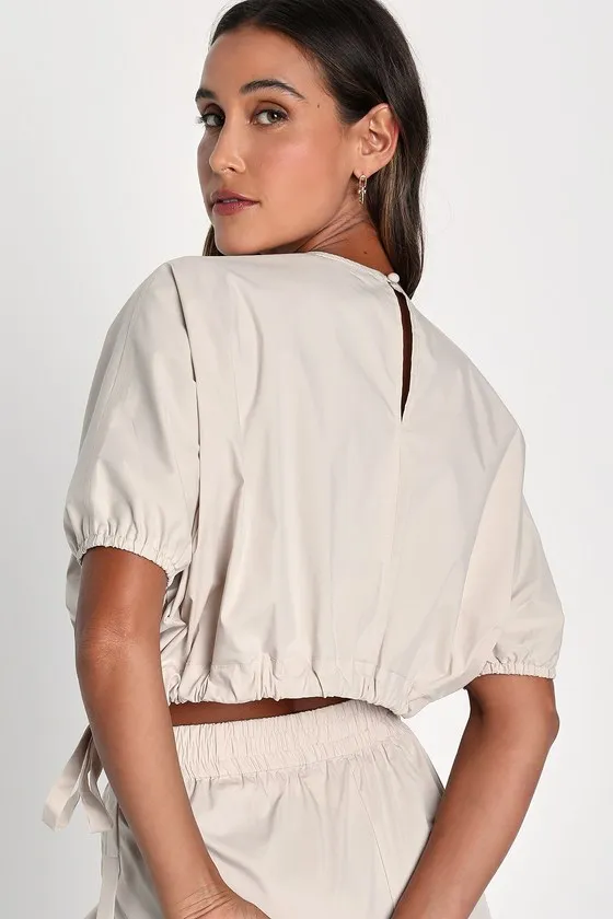 Coolest Cutie Beige Short Sleeves Drawstring Crop Top sold by Lulus product image thumbnail 4