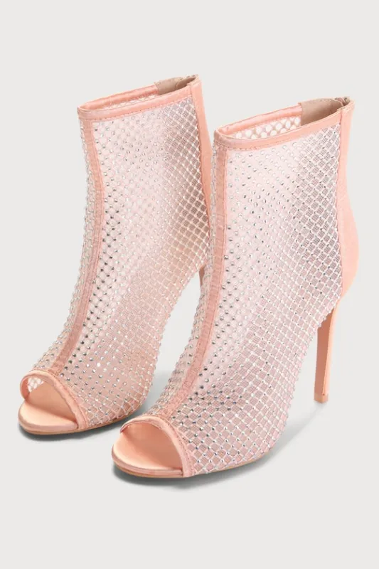 Hakka Rose Gold Satin Rhinestone Peep-Toe Booties sold by Lulus