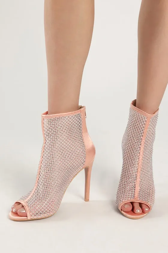 Hakka Rose Gold Satin Rhinestone Peep-Toe Booties sold by Lulus product image thumbnail 2