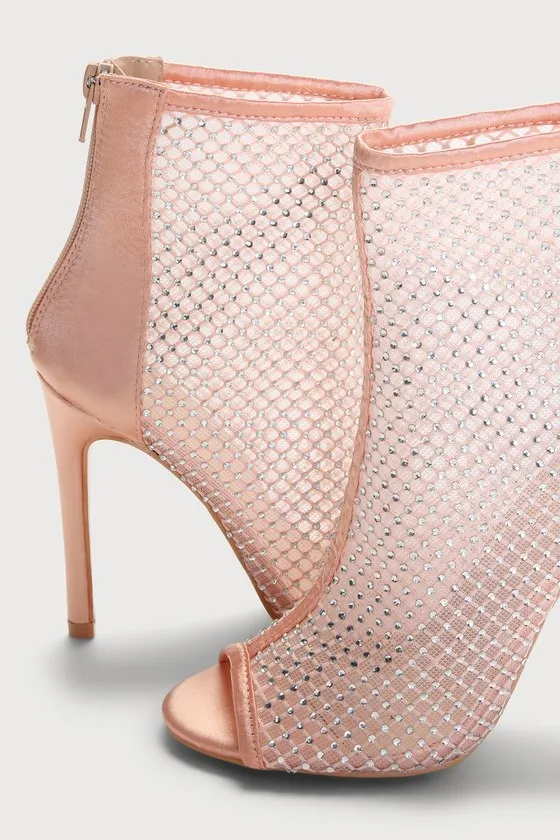 Hakka Rose Gold Satin Rhinestone Peep-Toe Booties sold by Lulus product image thumbnail 4