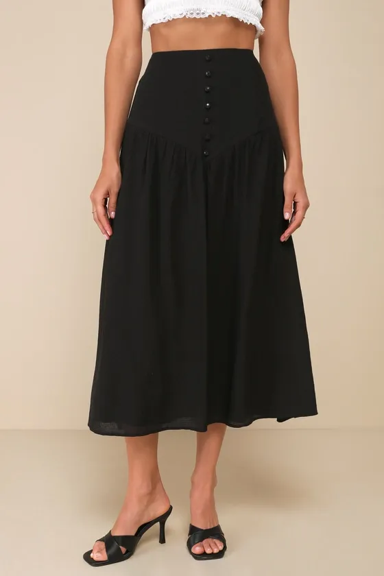 Ethereal Charm Black Drop Waist High-Rise Midi Skirt sold by Lulus product image thumbnail 3