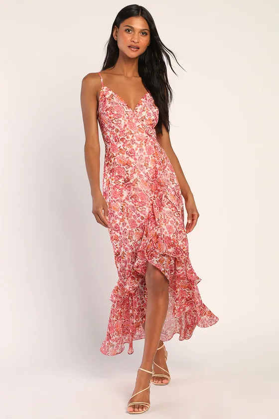 Always Enchanting Pink Floral Metallic Ruffled High-Low Dress sold by Lulus