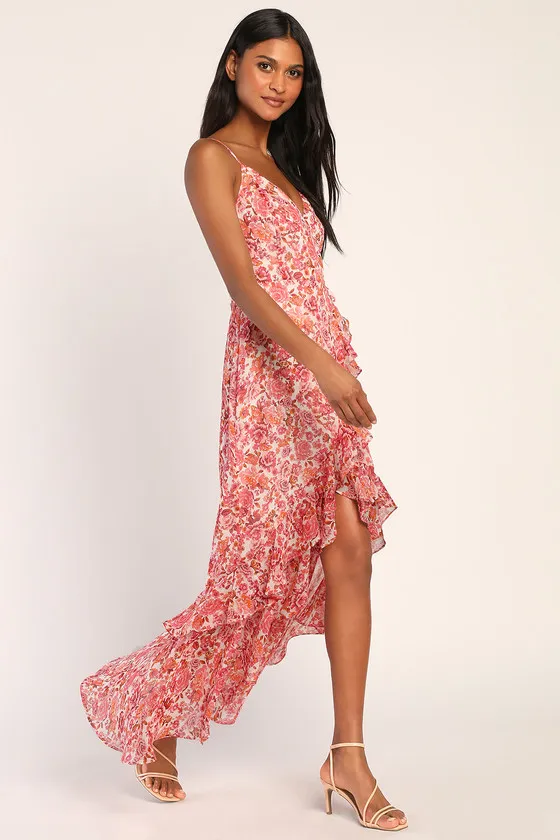 Always Enchanting Pink Floral Metallic Ruffled High-Low Dress sold by Lulus product image thumbnail 3