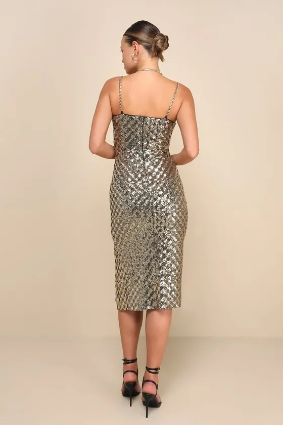 Absolutely Aglow Gold Sequin Chain Strap Bodycon Midi Dress sold by Lulus product image thumbnail 4