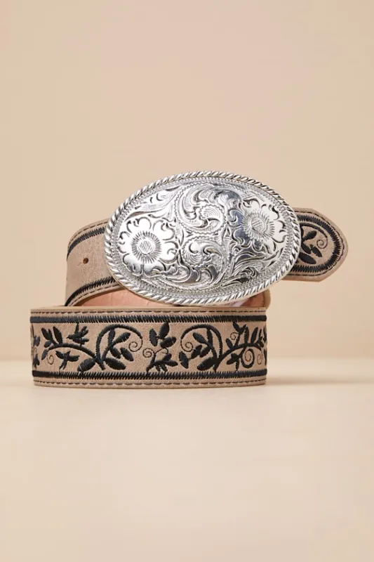 Cowgirl Favorite Taupe Floral Embroidered Western Belt sold by Lulus