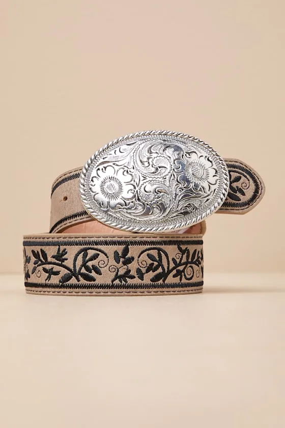Cowgirl Favorite Taupe Floral Embroidered Western Belt sold by Lulus
