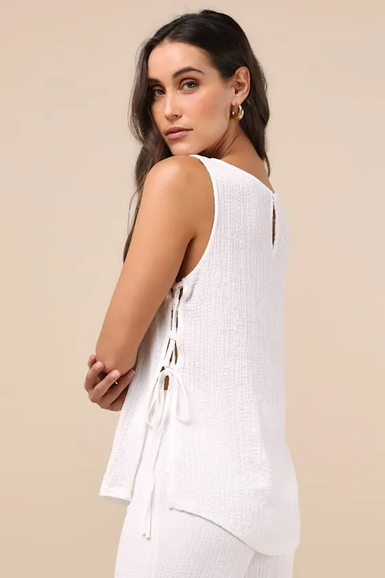 Easygoing Energy White Textured Side-Tie Tank Top sold by Lulus product image thumbnail 2