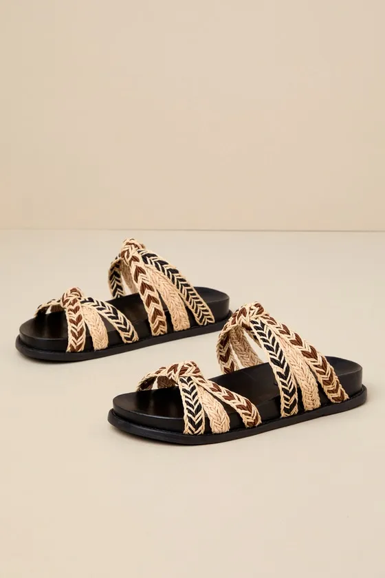 Trassie Sporty Black Raffia Knotted Slide Sandals sold by Lulus