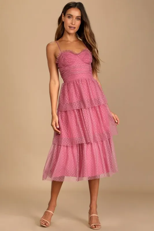 Sweetheart Style Mauve Polka Dot Bustier Tiered Midi Dress sold by Lulus