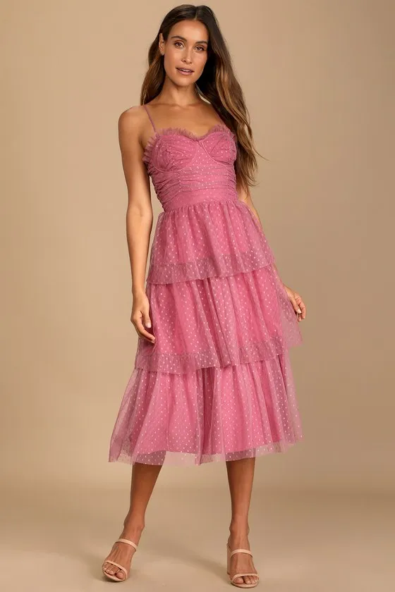 Sweetheart Style Mauve Polka Dot Bustier Tiered Midi Dress sold by Lulus