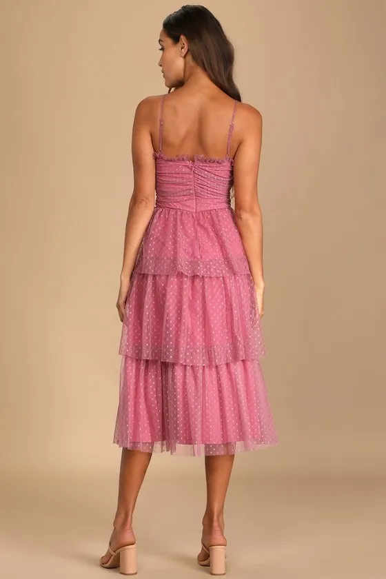 Sweetheart Style Mauve Polka Dot Bustier Tiered Midi Dress sold by Lulus product image thumbnail 2