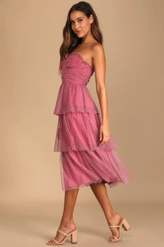 Sweetheart Style Mauve Polka Dot Bustier Tiered Midi Dress sold by Lulus product image thumbnail 3