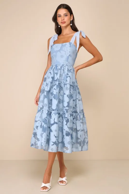 Proof of Perfection Blue Floral Tiered Tie-Strap Midi Dress sold by Lulus