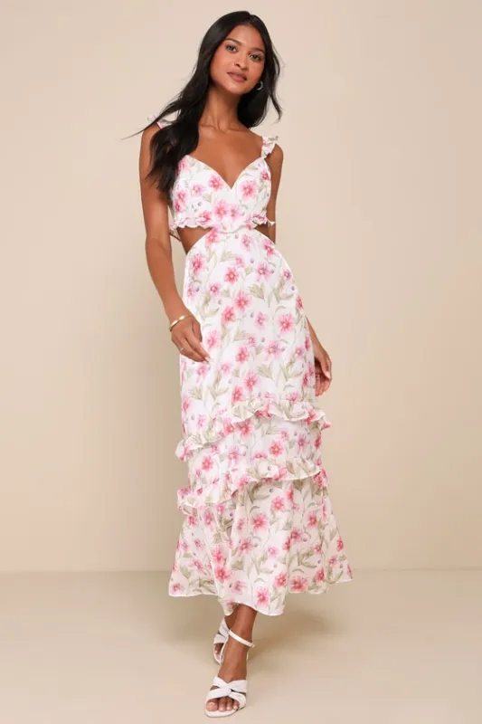 Spectacularly Gorgeous White Floral Cutout Ruffled Maxi Dress sold by Lulus