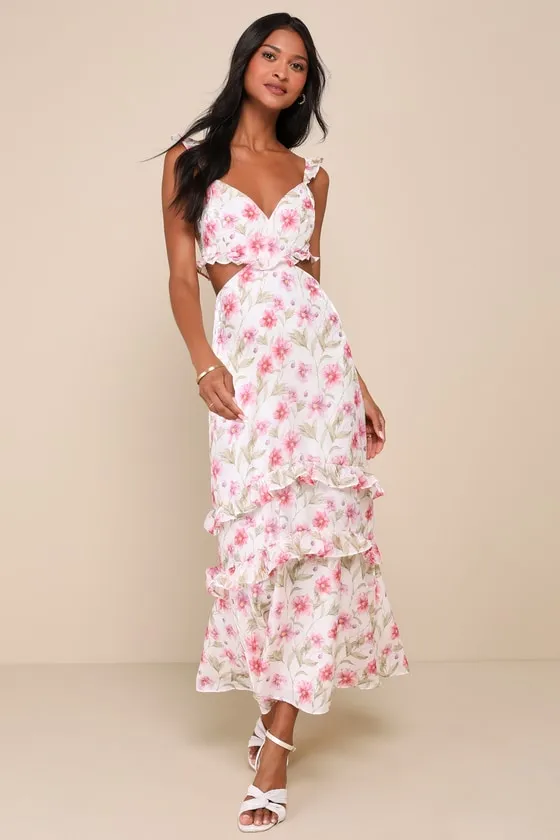 Spectacularly Gorgeous White Floral Cutout Ruffled Maxi Dress sold by Lulus