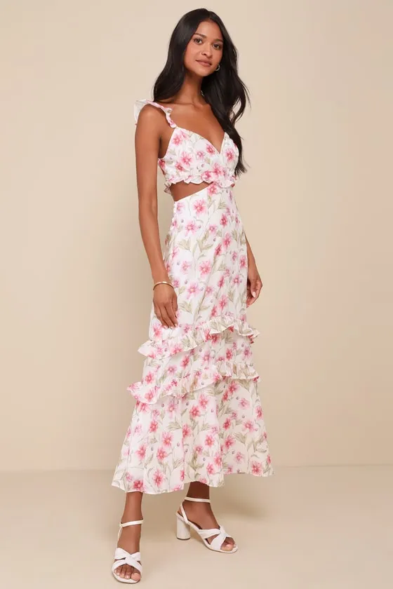 Spectacularly Gorgeous White Floral Cutout Ruffled Maxi Dress sold by Lulus product image thumbnail 4