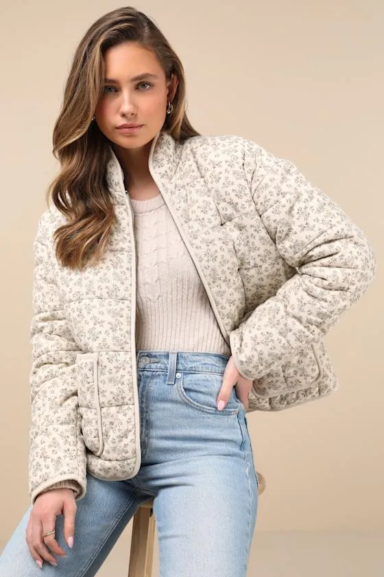 Bundled Perfection Light Beige Floral Quilted Puffer Jacket sold by Lulus