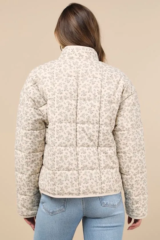 Bundled Perfection Light Beige Floral Quilted Puffer Jacket sold by Lulus product image thumbnail 2