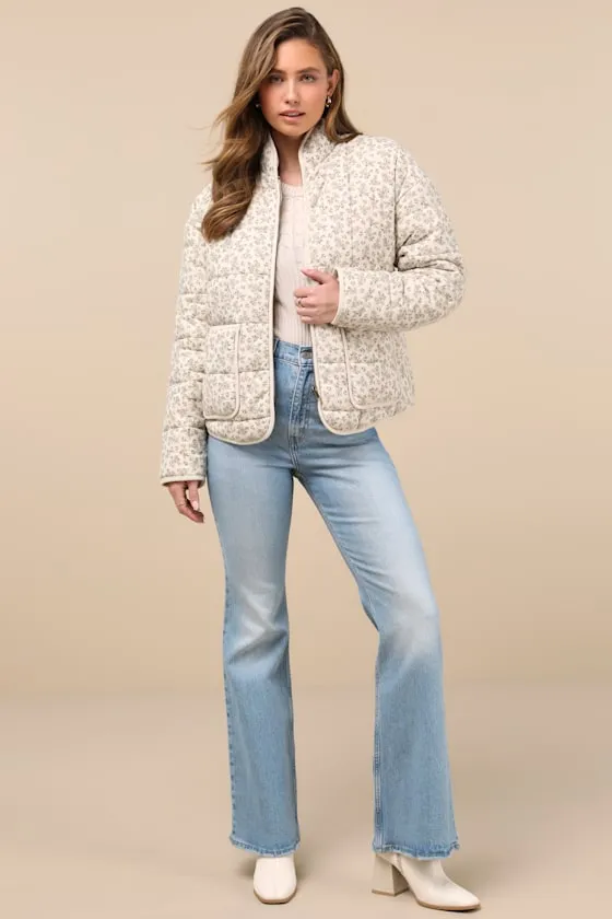 Bundled Perfection Light Beige Floral Quilted Puffer Jacket sold by Lulus product image thumbnail 3