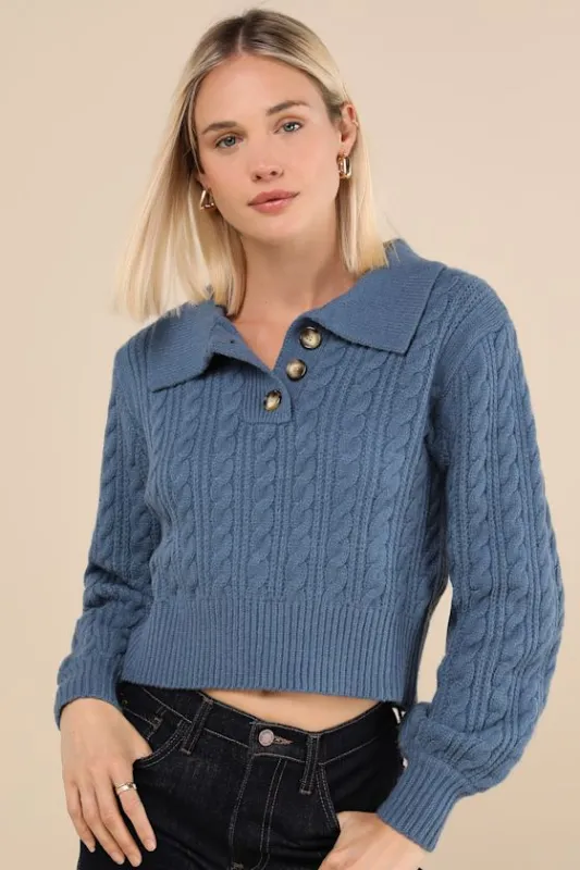 Cozy Agenda Dark Blue Collared Cable Knit Sweater sold by Lulus