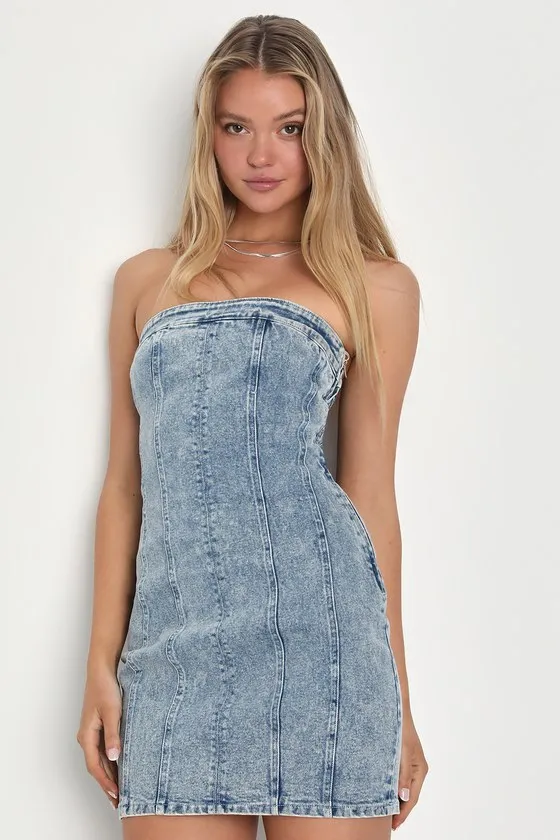 Admiration Inspiration Medium Wash Denim Strapless Mini Dress sold by Lulus
