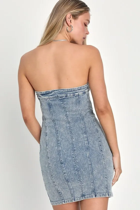 Admiration Inspiration Medium Wash Denim Strapless Mini Dress sold by Lulus product image thumbnail 2
