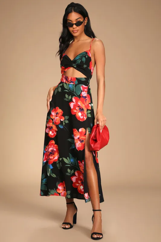 Tropical Blooms Black Floral Print Tie-Back Cutout Dress sold by Lulus