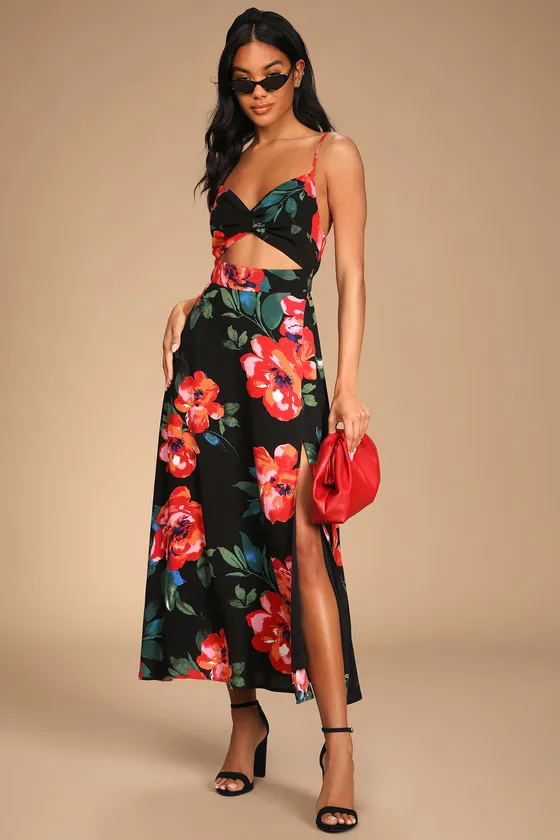 Tropical Blooms Black Floral Print Tie-Back Cutout Dress sold by Lulus