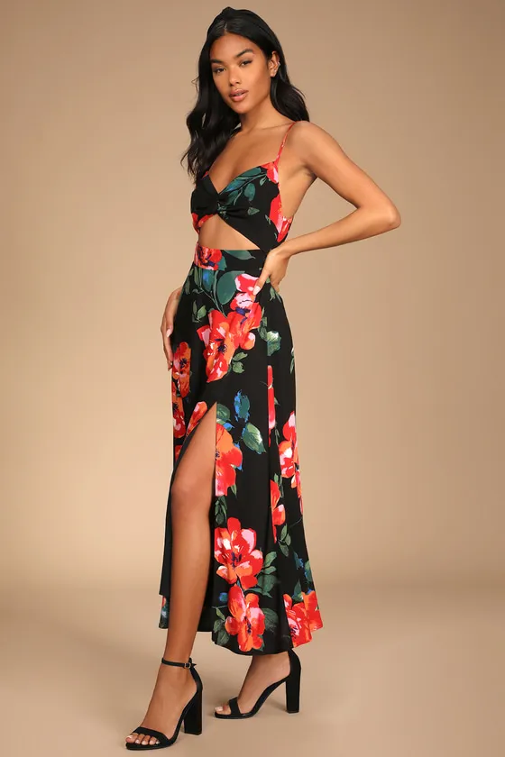 Tropical Blooms Black Floral Print Tie-Back Cutout Dress sold by Lulus product image thumbnail 2