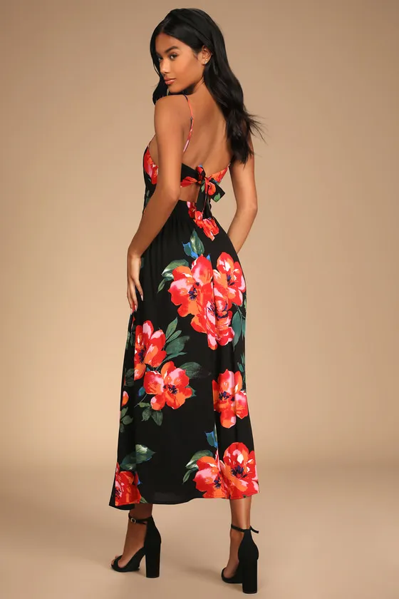 Tropical Blooms Black Floral Print Tie-Back Cutout Dress sold by Lulus product image thumbnail 3