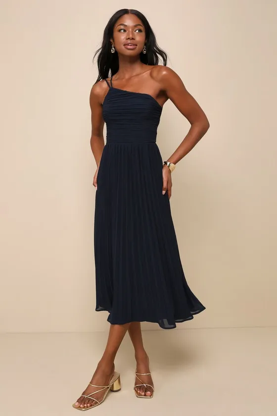 Wondrous Muse Navy Blue Pleated One-Shoulder Midi Dress sold by Lulus