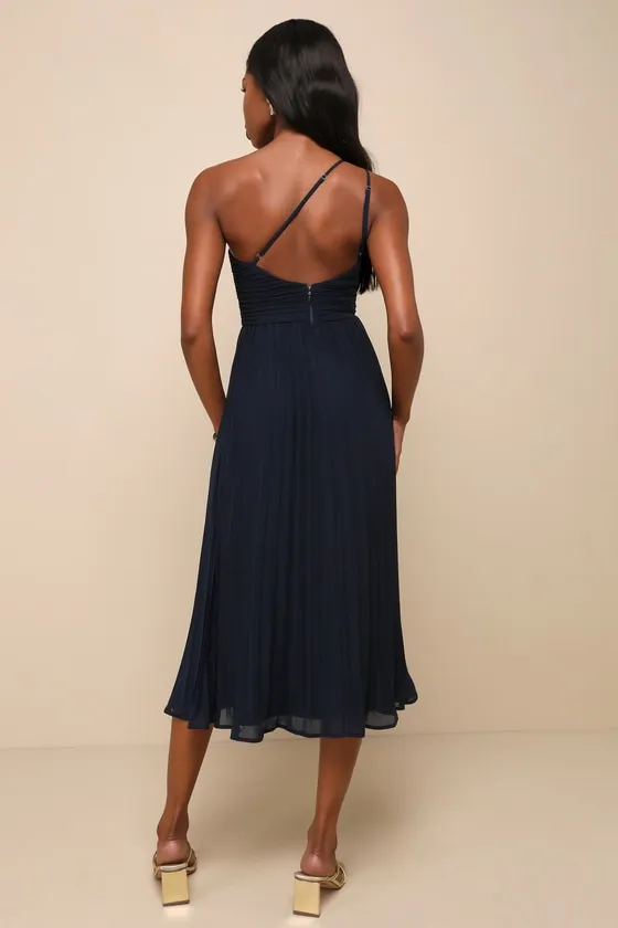 Wondrous Muse Navy Blue Pleated One-Shoulder Midi Dress sold by Lulus product image thumbnail 2