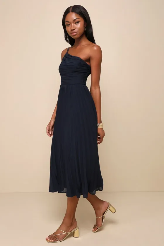 Wondrous Muse Navy Blue Pleated One-Shoulder Midi Dress sold by Lulus product image thumbnail 3